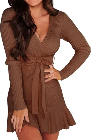 VIMPUNEC Fall Tie Waist Sweater Dress Elegant V-Neck Wrap Dress Knit Mini Dress