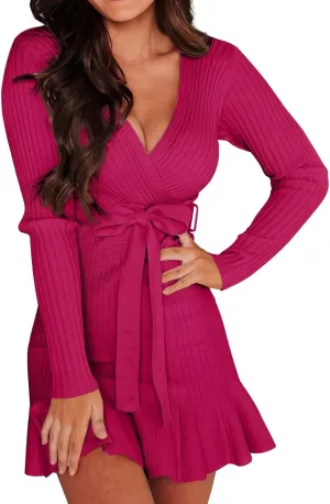 VIMPUNEC Fall Tie Waist Sweater Dress Elegant V-Neck Wrap Dress Knit Mini Dress