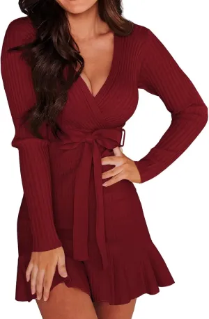 VIMPUNEC Fall Tie Waist Sweater Dress Elegant V-Neck Wrap Dress Knit Mini Dress