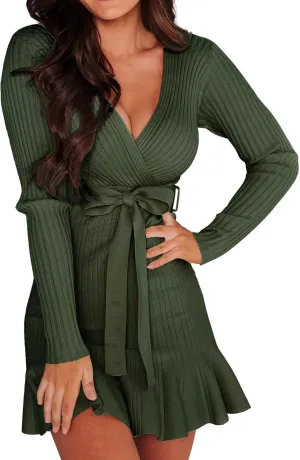 VIMPUNEC Fall Tie Waist Sweater Dress Elegant V-Neck Wrap Dress Knit Mini Dress