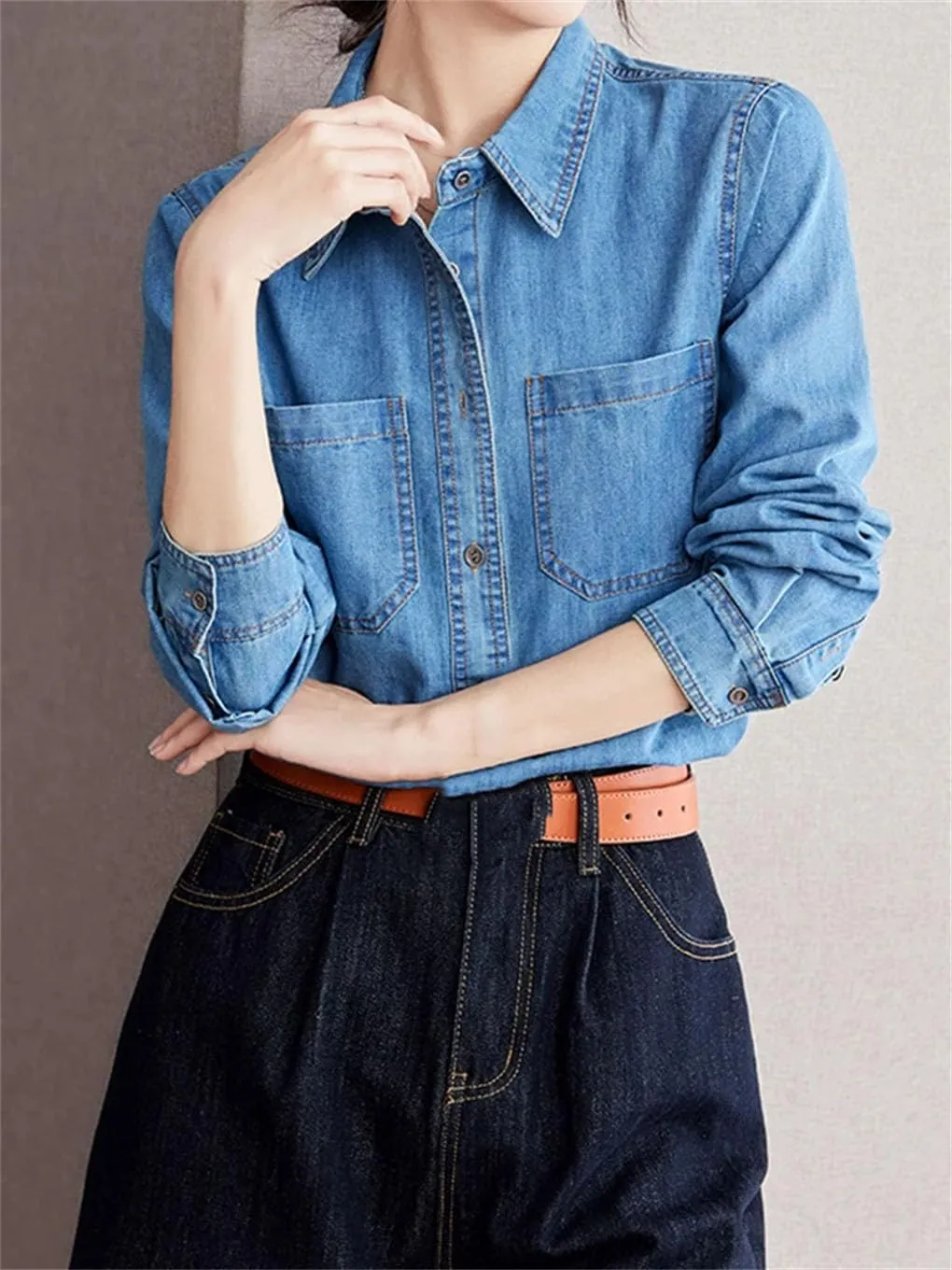 Vintage Washed Denim Shirt for Women Loose Long Sleeve Button Shirts Casual Versatile Blouses