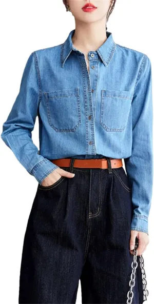 Vintage Washed Denim Shirt for Women Loose Long Sleeve Button Shirts Casual Versatile Blouses