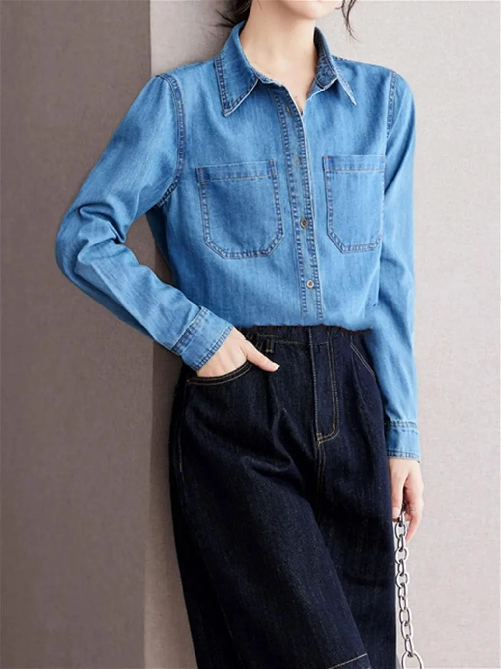 Vintage Washed Denim Shirt for Women Loose Long Sleeve Button Shirts Casual Versatile Blouses