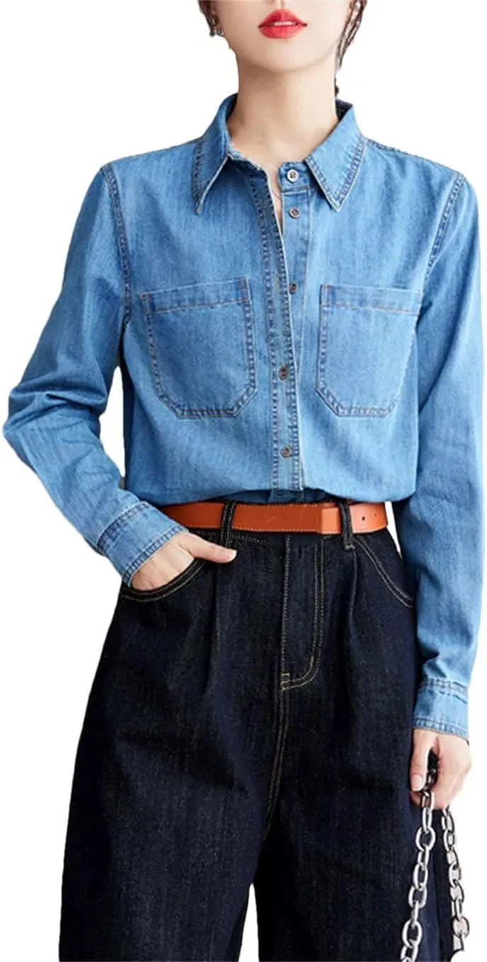 Vintage Washed Denim Shirt for Women Loose Long Sleeve Button Shirts Casual Versatile Blouses