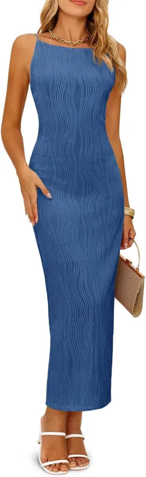 Wenrine Womens Sleeveless Maxi Dress Summer Backless Spaghetti Strap Textured Slit Bodycon Elegant Cocktail Dress