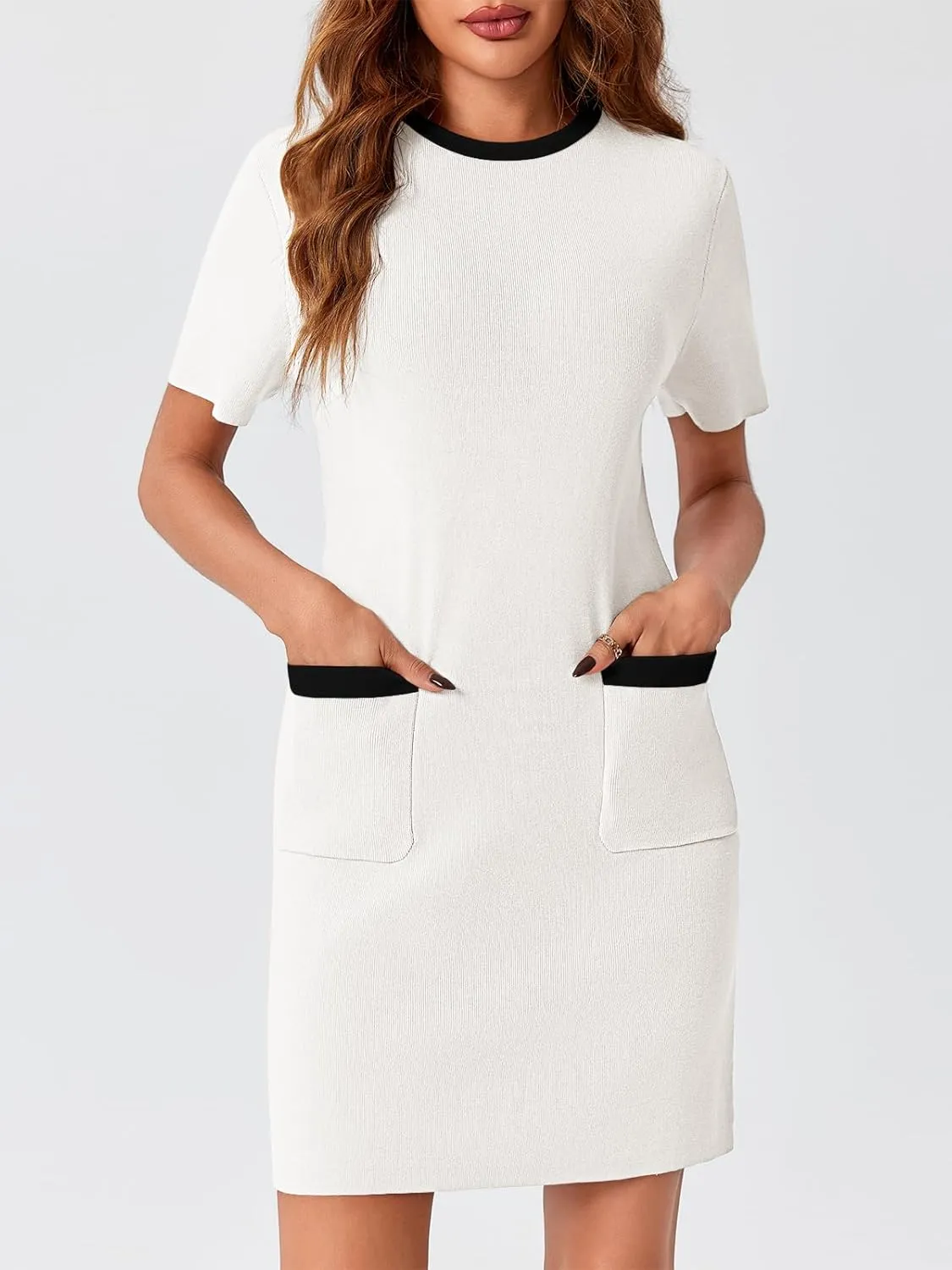 Wenrine Womens Work Dress Business Casual Contrast Color Elegant Short Sleeve Knit Summer Mini Dress