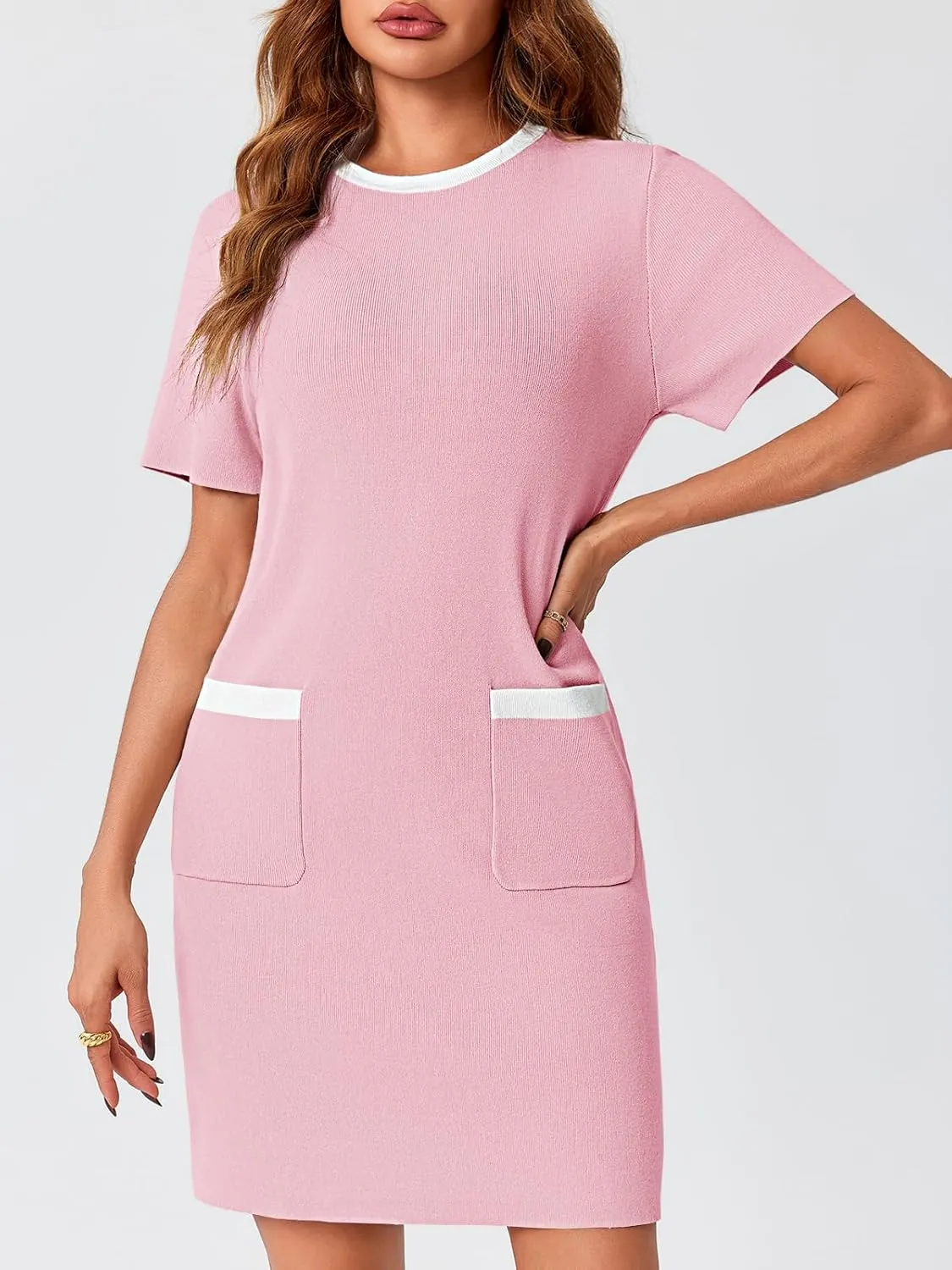 Wenrine Womens Work Dress Business Casual Contrast Color Elegant Short Sleeve Knit Summer Mini Dress