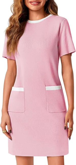 Wenrine Womens Work Dress Business Casual Contrast Color Elegant Short Sleeve Knit Summer Mini Dress