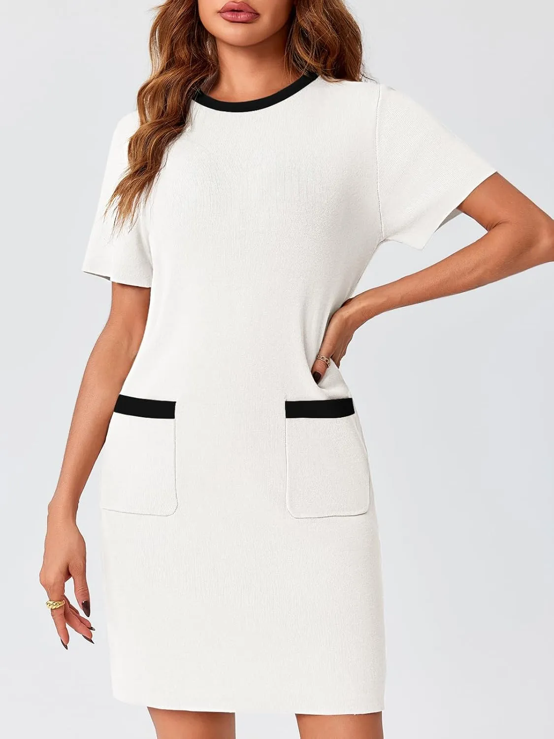 Wenrine Womens Work Dress Business Casual Contrast Color Elegant Short Sleeve Knit Summer Mini Dress