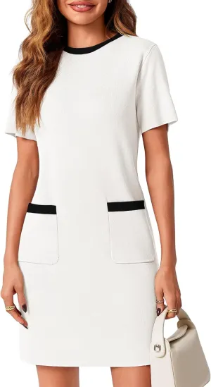Wenrine Womens Work Dress Business Casual Contrast Color Elegant Short Sleeve Knit Summer Mini Dress
