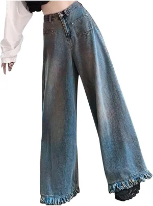 Wide Leg Jeans Woman High Waisted Frayed Raw Hem Denim Pants Fashion Loose Bootcut Jeans Casual Sweet Flare Jeans