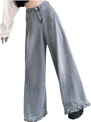 Wide Leg Jeans Woman High Waisted Frayed Raw Hem Denim Pants Fashion Loose Bootcut Jeans Casual Sweet Flare Jeans