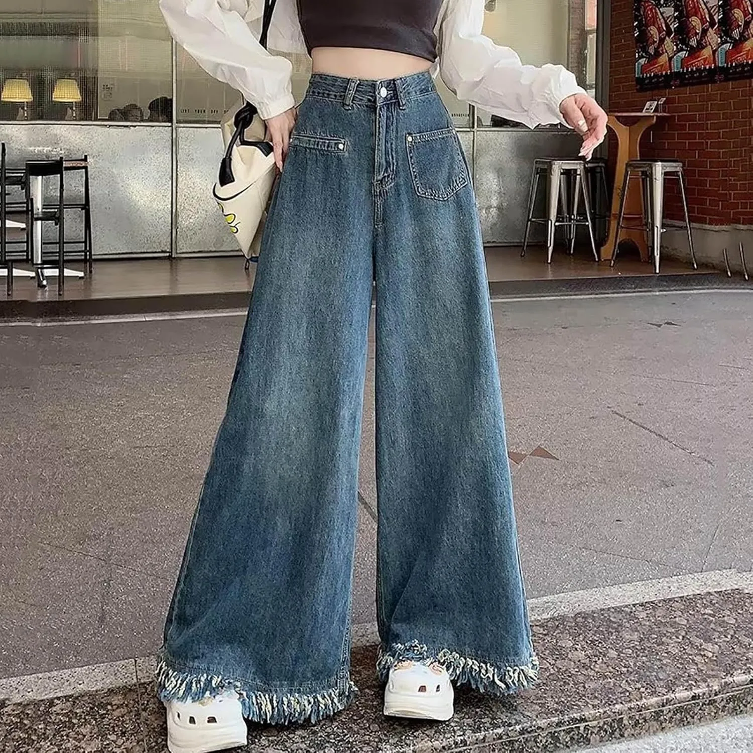 Wide Leg Jeans Woman High Waisted Frayed Raw Hem Denim Pants Fashion Loose Bootcut Jeans Casual Sweet Flare Jeans