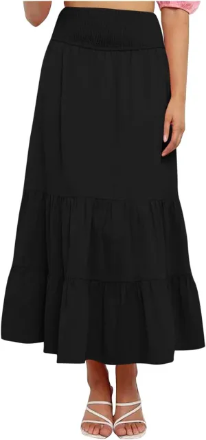 Women A-Line Pleated Elastic High Waist Maxi Skirt Ankle Length Flowy Swing Elegant Dressy Casual Work Long Skirts