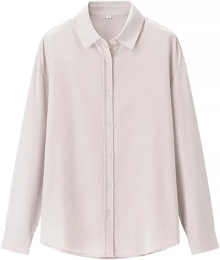 Women Basic Loose Lapel Shirt Long-Sleeved Single-Breasted Blouse Solid Simple Casual Chic Top
