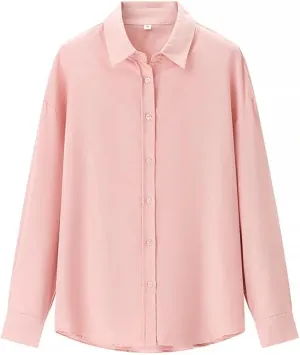 Women Basic Loose Lapel Shirt Long-Sleeved Single-Breasted Blouse Solid Simple Casual Chic Top