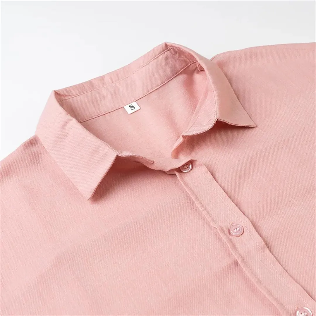 Women Basic Loose Lapel Shirt Long-Sleeved Single-Breasted Blouse Solid Simple Casual Chic Top