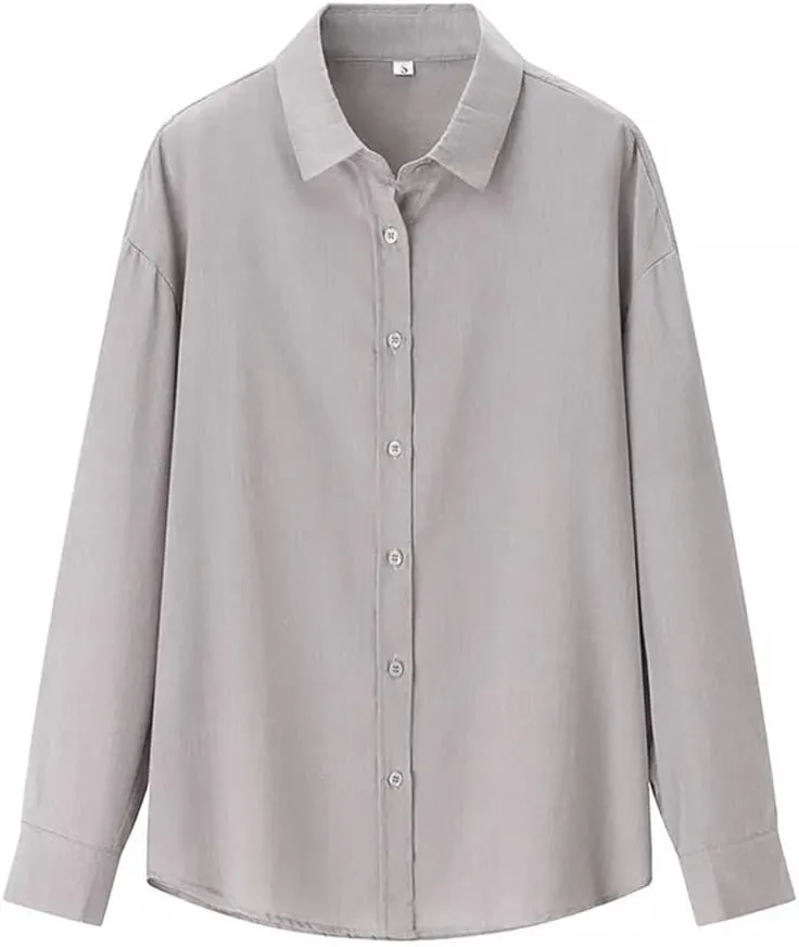 Women Basic Loose Lapel Shirt Long-Sleeved Single-Breasted Blouse Solid Simple Casual Chic Top