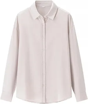 Women Basic Loose Lapel Shirt Long-Sleeved Single-Breasted Blouse Solid Simple Casual Chic Top