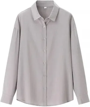 Women Basic Loose Lapel Shirt Long-Sleeved Single-Breasted Blouse Solid Simple Casual Chic Top