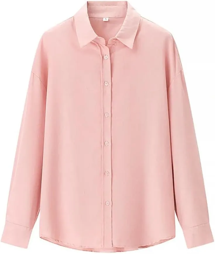 Women Basic Loose Lapel Shirt Long-Sleeved Single-Breasted Blouse Solid Simple Casual Chic Top