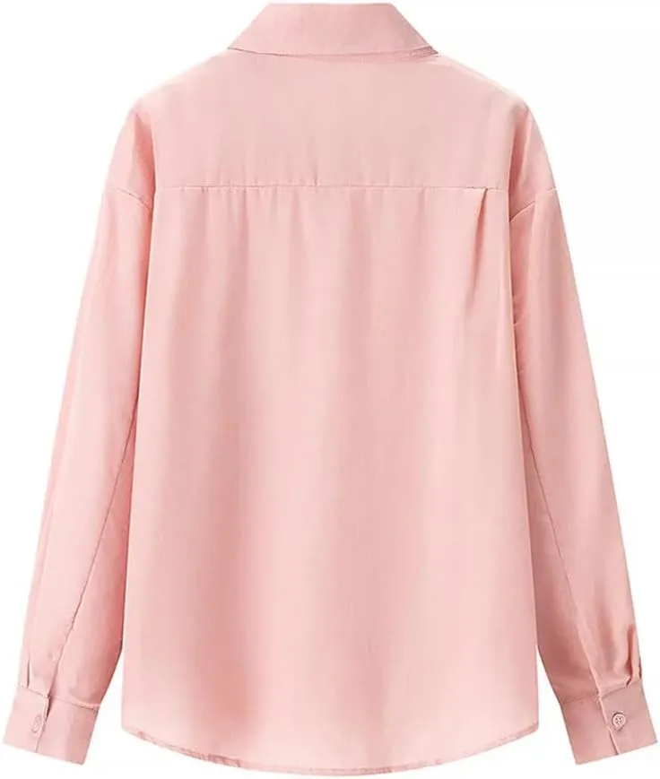 Women Basic Loose Lapel Shirt Long-Sleeved Single-Breasted Blouse Solid Simple Casual Chic Top