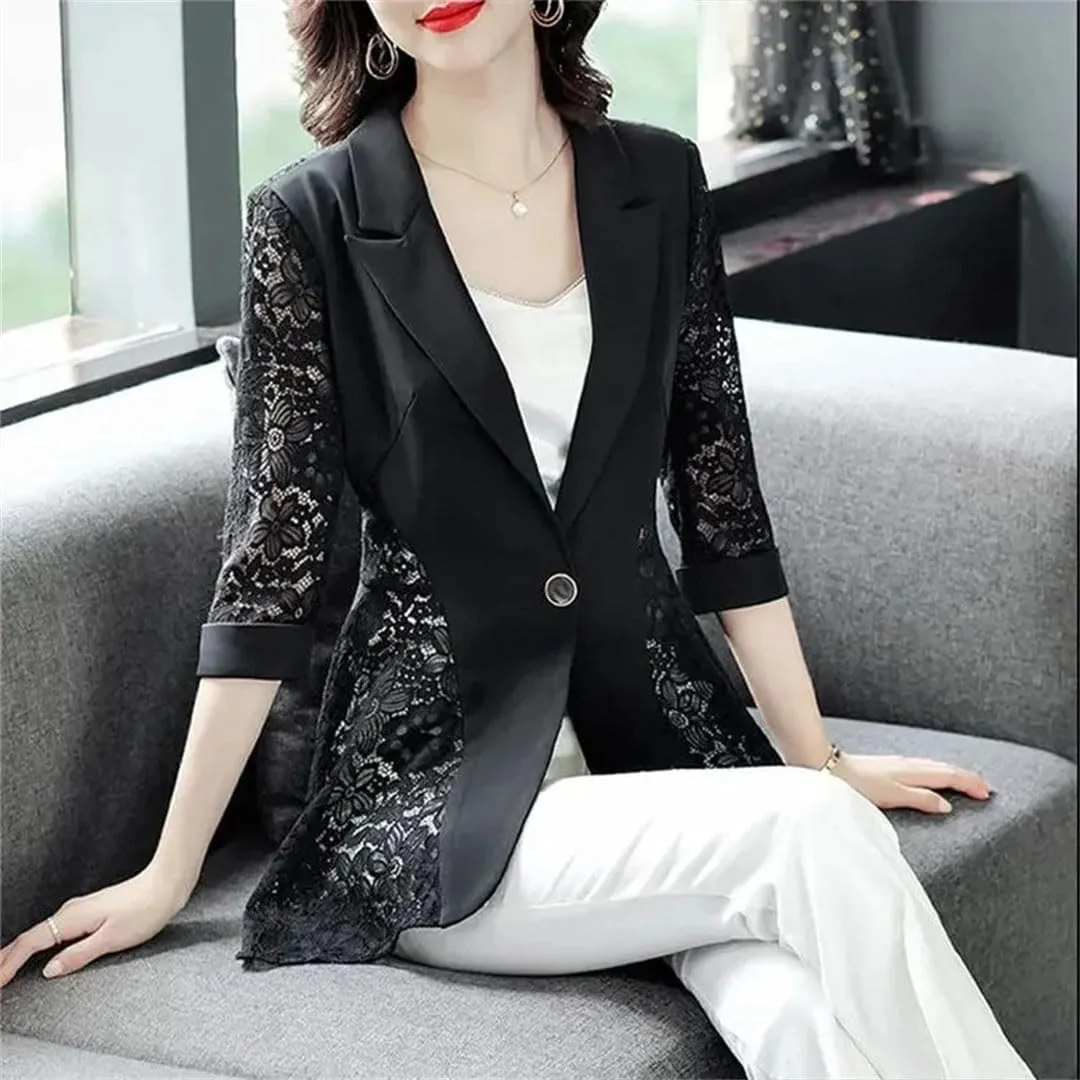 Women Black Lace Patchwork Suit Jacket Spring Summer Thin Elegant Single Button Blazer Coat