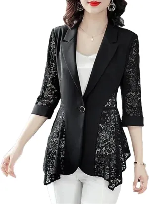 Women Black Lace Patchwork Suit Jacket Spring Summer Thin Elegant Single Button Blazer Coat