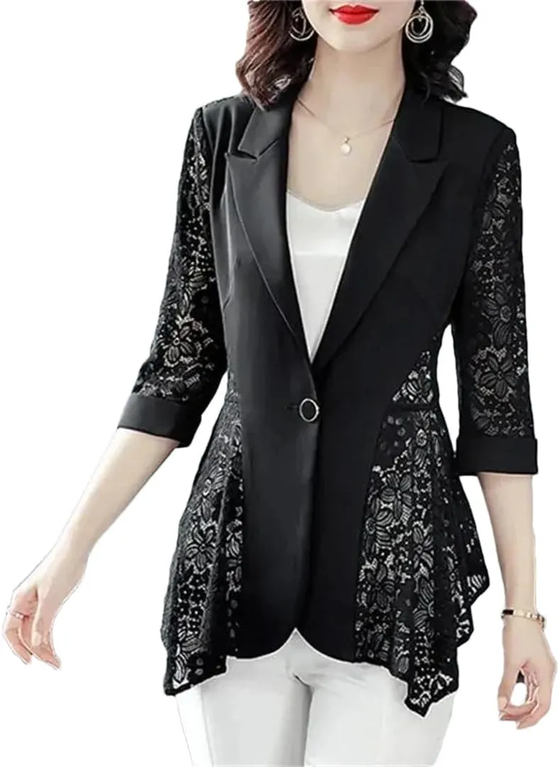 Women Black Lace Patchwork Suit Jacket Spring Summer Thin Elegant Single Button Blazer Coat