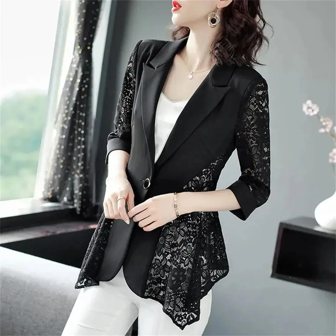 Women Black Lace Patchwork Suit Jacket Spring Summer Thin Elegant Single Button Blazer Coat