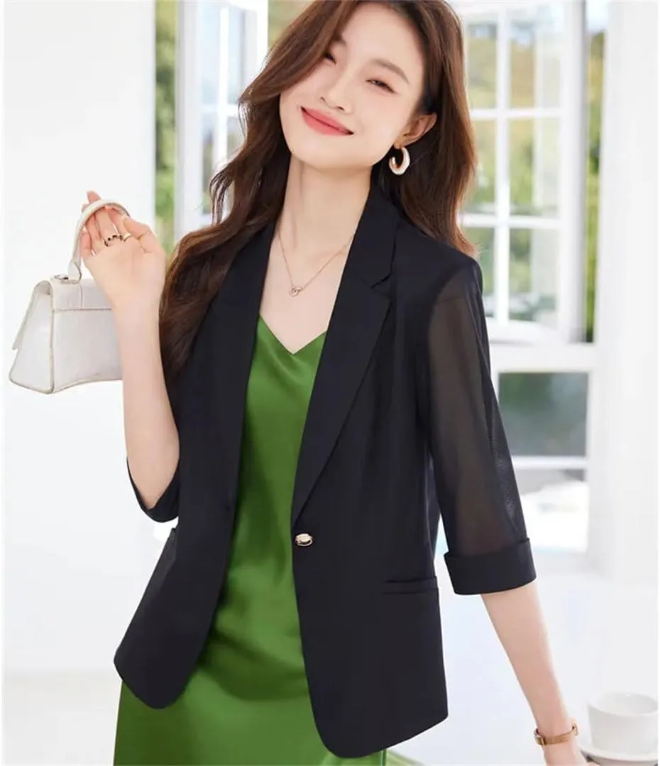 Women Blazer Spring Summer Professional Half Sleeve Slim Suit Jacket Office Ladies Work Coat