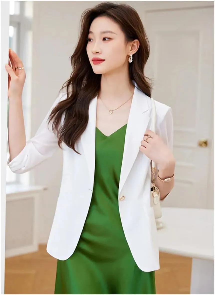 Women Blazer Spring Summer Professional Half Sleeve Slim Suit Jacket Office Ladies Work Coat