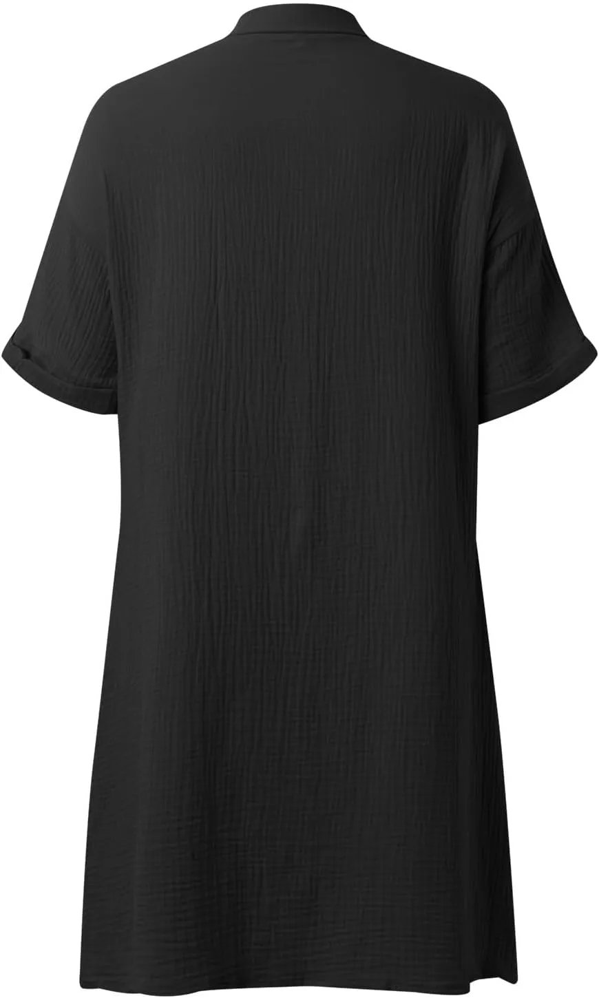 Women Button Down Dress Loose Summer Cotton Linen Dress Casual Dress Short Sleeve Tunic Dress with Pockets