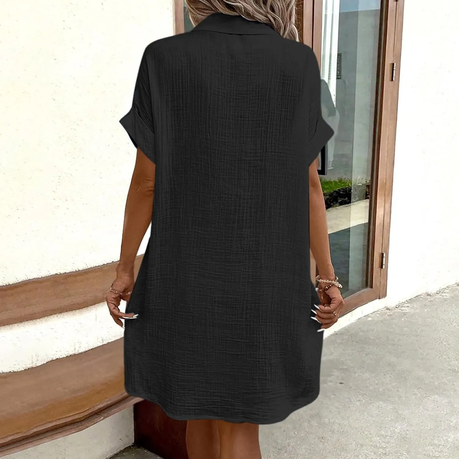 Women Button Down Dress Loose Summer Cotton Linen Dress Casual Dress Short Sleeve Tunic Dress with Pockets