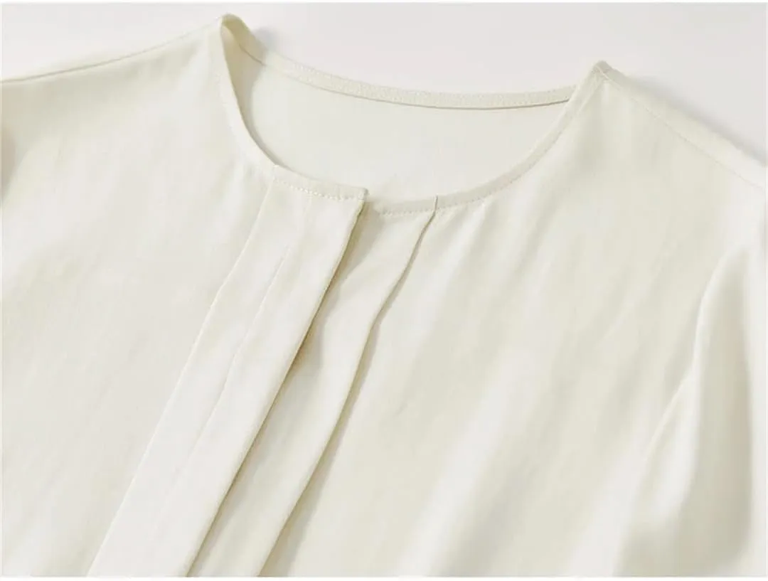 Women Casual Loose Shirt Solid Crewneeck Long Sleeve Blouse Covered Button Simple Tops