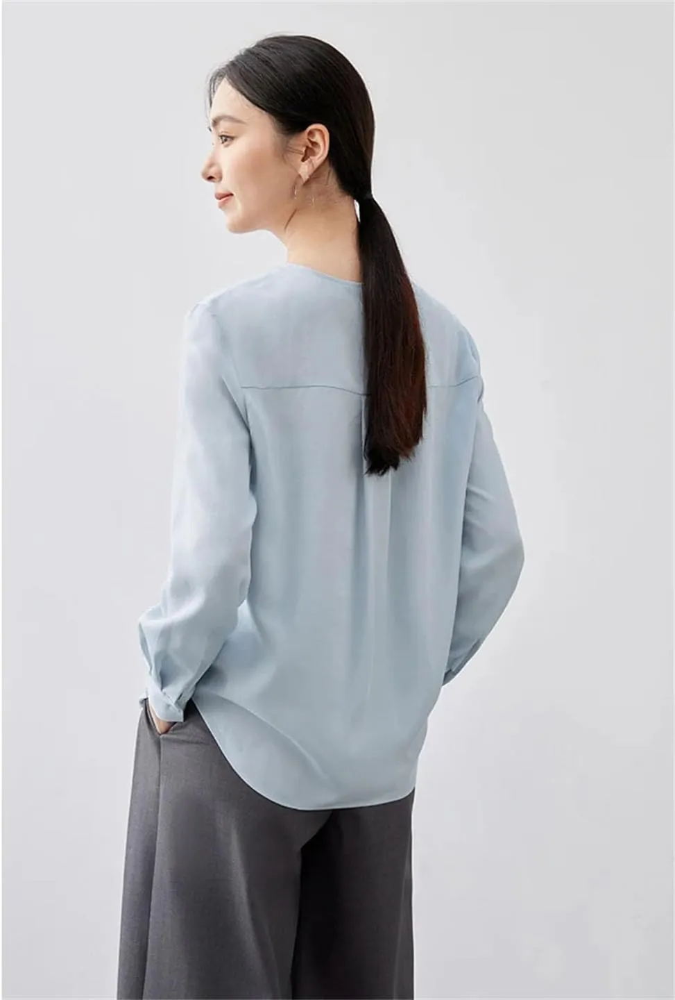 Women Casual Loose Shirt Solid Crewneeck Long Sleeve Blouse Covered Button Simple Tops