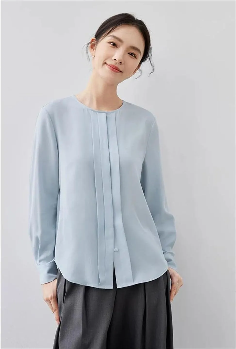 Women Casual Loose Shirt Solid Crewneeck Long Sleeve Blouse Covered Button Simple Tops