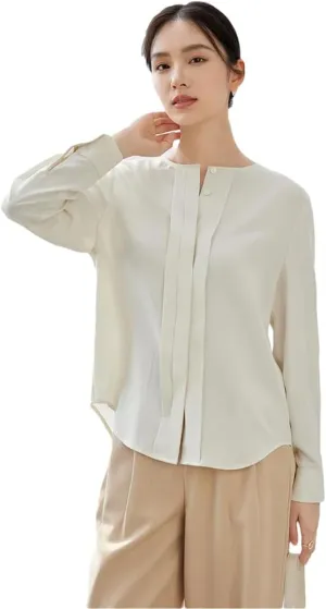 Women Casual Loose Shirt Solid Crewneeck Long Sleeve Blouse Covered Button Simple Tops
