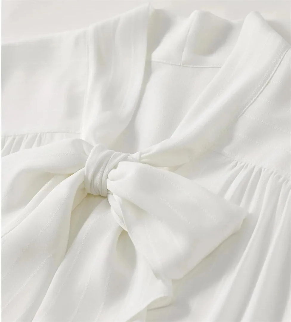 Women Chiffon Lace-Up Straight Shirt Office Lady Solid Folds Blouse Long Sleeve Simple Top