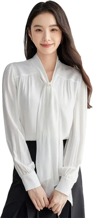 Women Chiffon Lace-Up Straight Shirt Office Lady Solid Folds Blouse Long Sleeve Simple Top