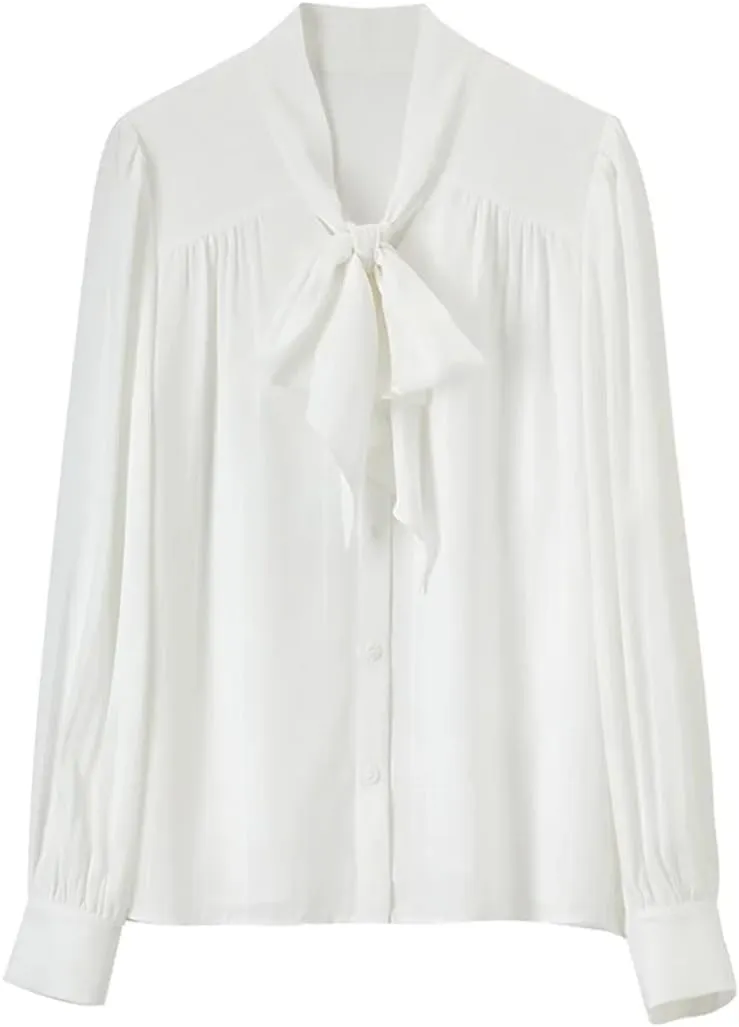 Women Chiffon Lace-Up Straight Shirt Office Lady Solid Folds Blouse Long Sleeve Simple Top
