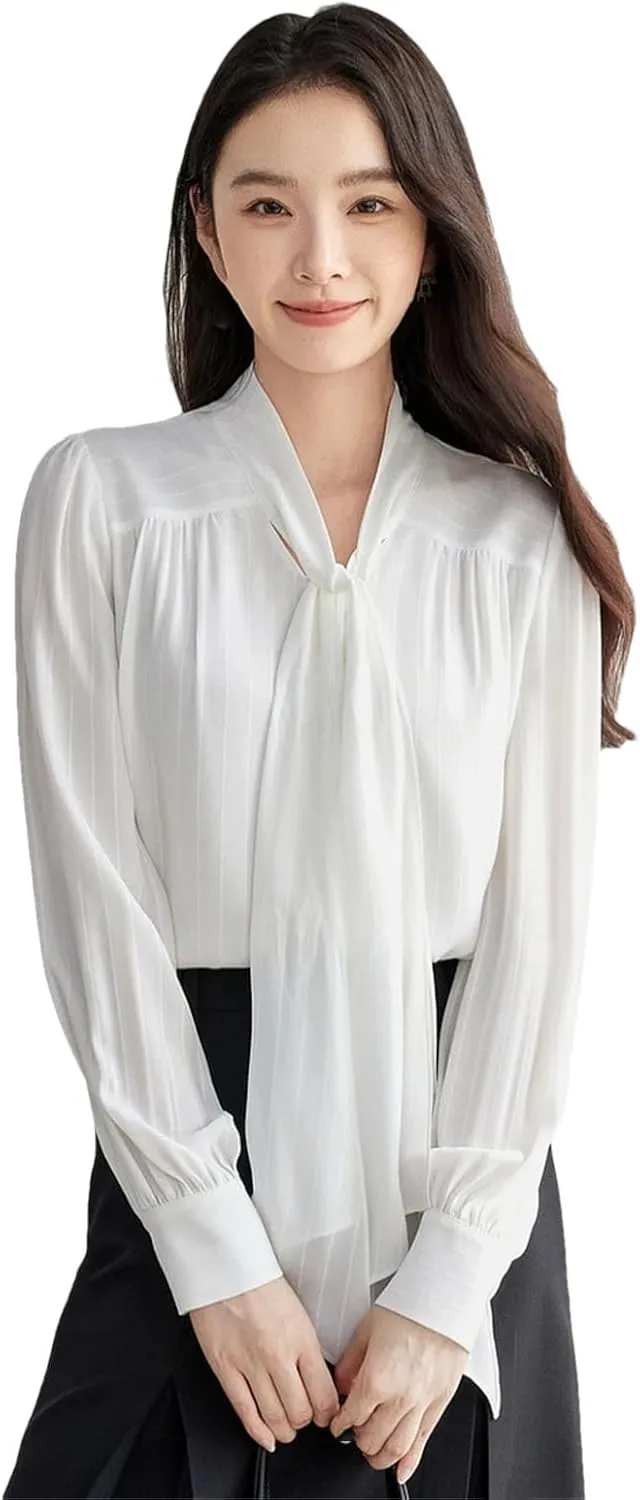 Women Chiffon Lace-Up Straight Shirt Office Lady Solid Folds Blouse Long Sleeve Simple Top