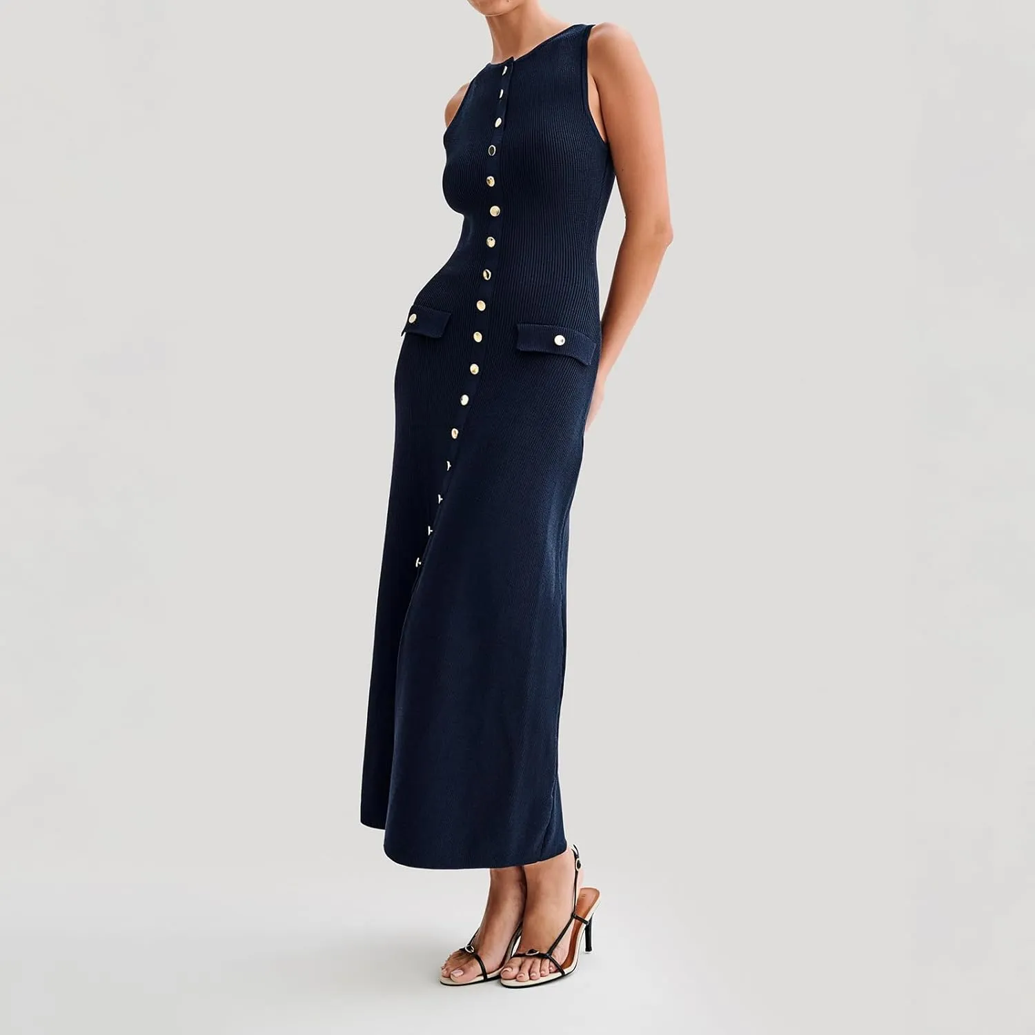 Women Crewneck Sleeveless Knitted Maxi Dress Elegant Split Long Tank Dress Sexy Party Bodycon Sweater Dress