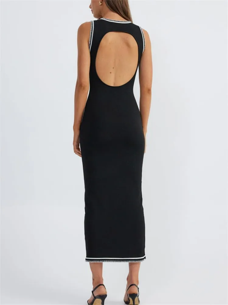 Women Crewneck Sleeveless Knitted Maxi Dress Elegant Split Long Tank Dress Sexy Party Bodycon Sweater Dress