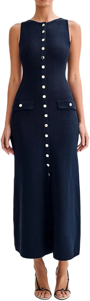 Women Crewneck Sleeveless Knitted Maxi Dress Elegant Split Long Tank Dress Sexy Party Bodycon Sweater Dress