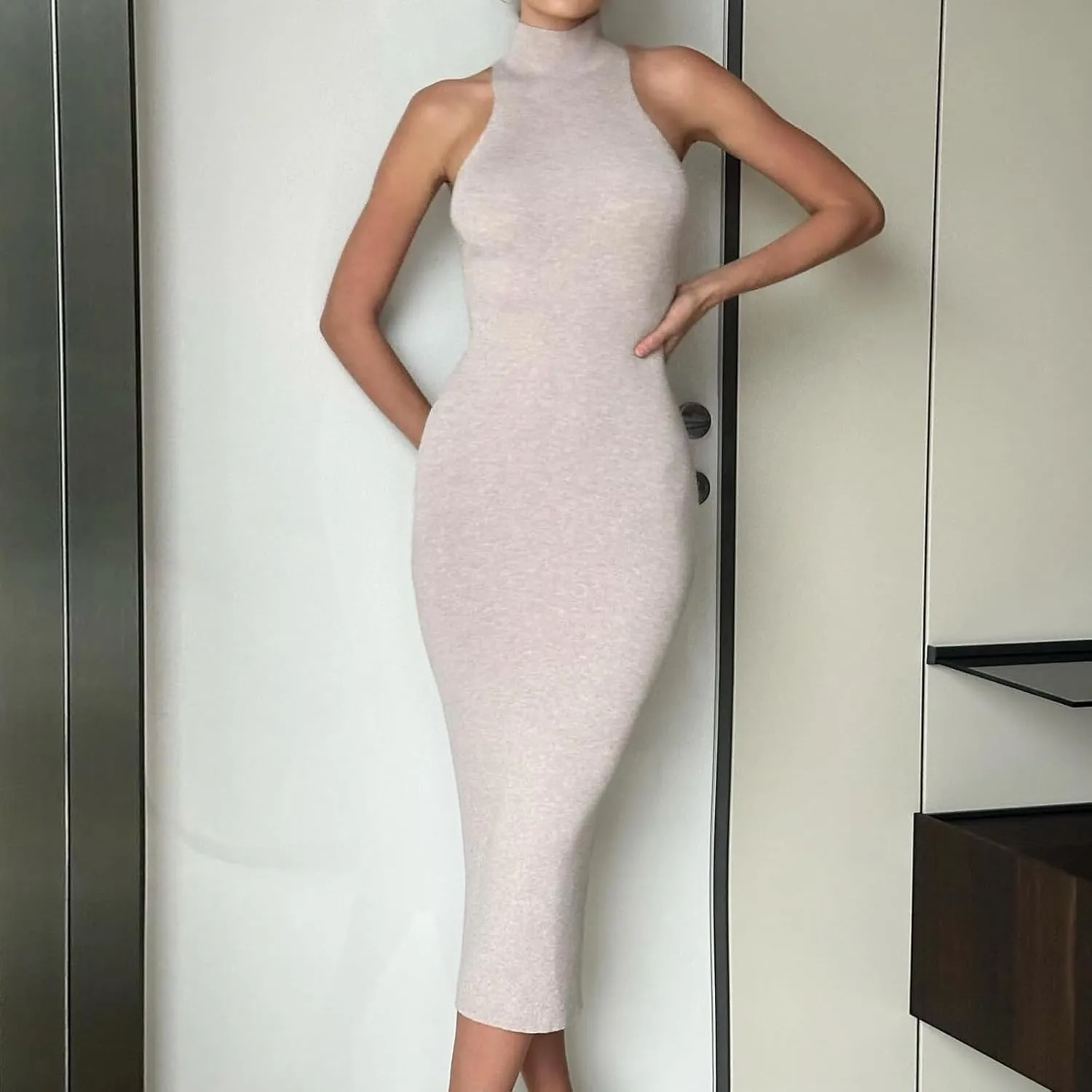 Women Crewneck Sleeveless Knitted Maxi Dress Elegant Split Long Tank Dress Sexy Party Bodycon Sweater Dress