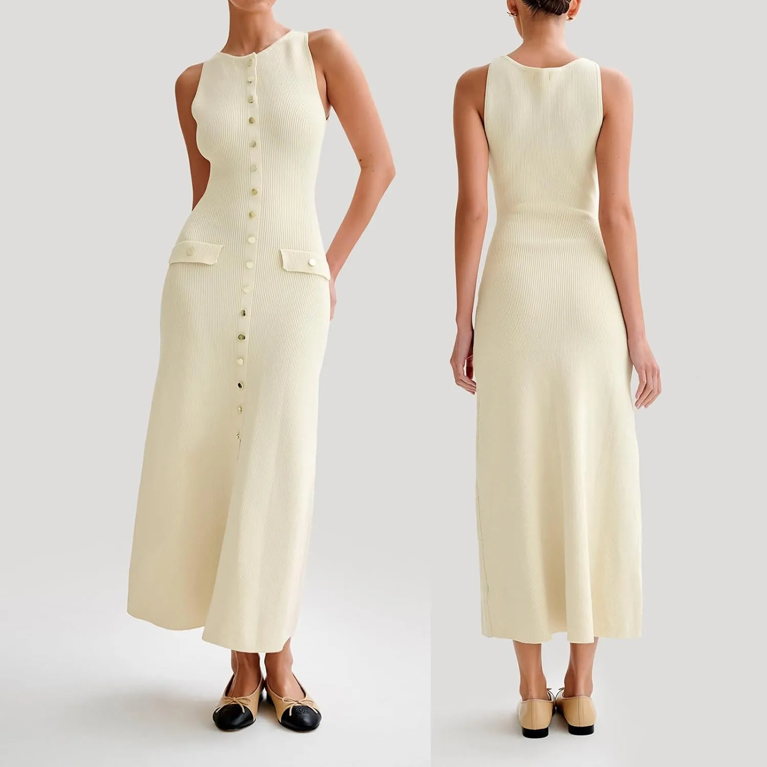 Women Crewneck Sleeveless Knitted Maxi Dress Elegant Split Long Tank Dress Sexy Party Bodycon Sweater Dress