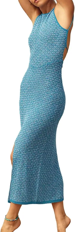 Women Crewneck Sleeveless Knitted Maxi Dress Elegant Split Long Tank Dress Sexy Party Bodycon Sweater Dress