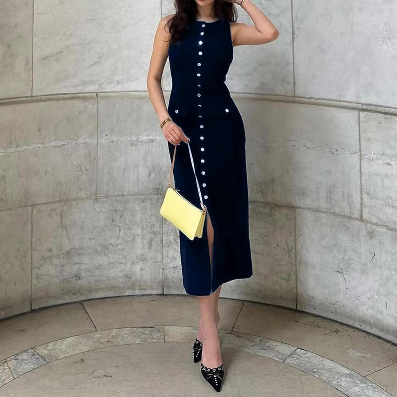 Women Crewneck Sleeveless Knitted Maxi Dress Elegant Split Long Tank Dress Sexy Party Bodycon Sweater Dress