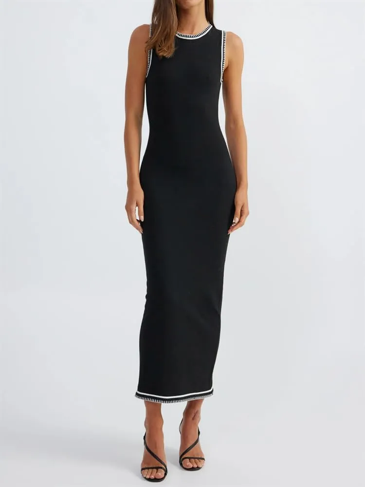Women Crewneck Sleeveless Knitted Maxi Dress Elegant Split Long Tank Dress Sexy Party Bodycon Sweater Dress